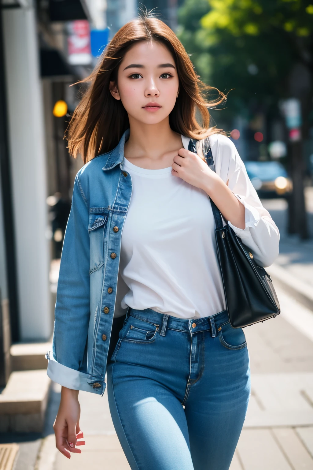 Sad theme , (best quality, masterpiece:1.2), 18yo beautiful  girl walking in the city, white shirt and Jeans, , shoot the Sony a7,3.5 mm Lens, f 1.8 apature, lighting glow effect,no retouching,raw photo realistic, skin texture is very detail ,no makeup, background lighting is yellow, raining day,