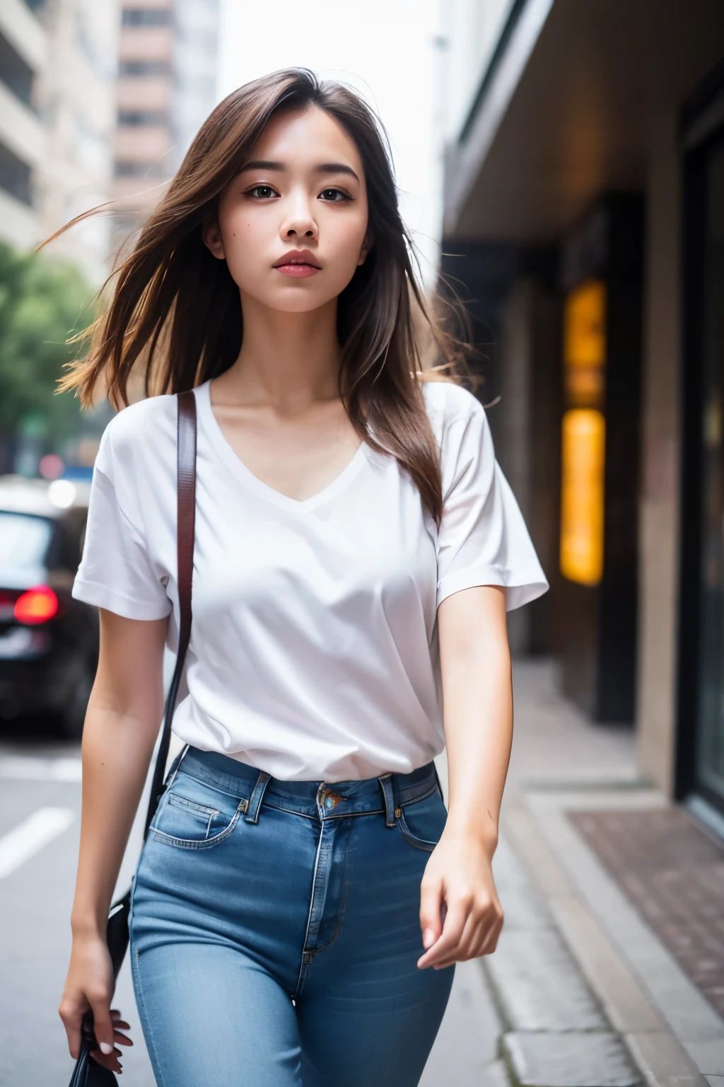 Sad theme , (best quality, masterpiece:1.2), 18yo beautiful girl walking in the city, white shirt and Jeans, , shoot the Sony a7,3.5 mm Lens, f 1.8 apature, lighting glow effect,no retouching,raw photo realistic, skin texture is very detail ,no makeup, background lighting is yellow, raining day,