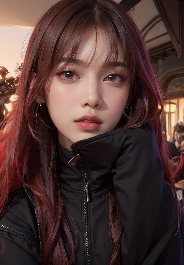 there is a woman Con cabello rojo and a black jacket, portrait of jossi de blackpink, ulzzang, ella tiene el pelo largo y renaranjado, jossi de blackpink, Lalisa Manoban de Blackpink, cruel korean gothic girl, Lalisa Manobal, peluca roja, el corte de hime, con el pelo largo y rojo, con flequillo completo, Con cabello rojo