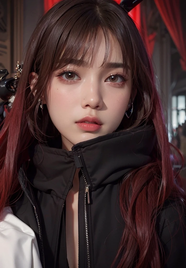 there is a woman Con cabello rojo and a black jacket, portrait of jossi de blackpink, ulzzang, ella tiene el pelo largo y renaranjado, jossi de blackpink, Lalisa Manoban de Blackpink, cruel korean gothic girl, Lalisa Manobal, peluca roja, el corte de hime, con el pelo largo y rojo, con flequillo completo, Con cabello rojo