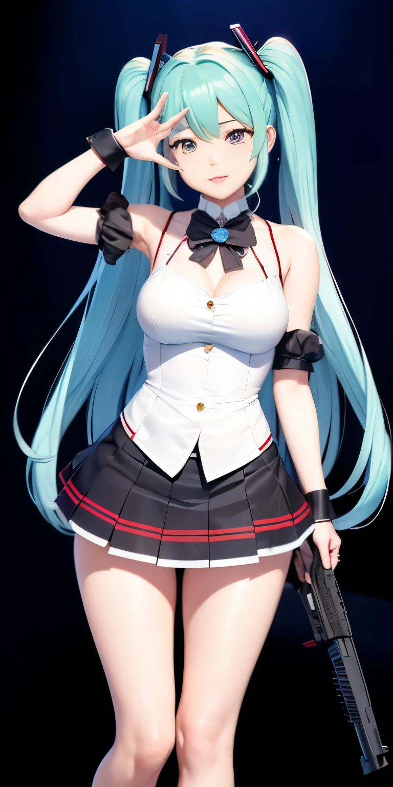 Hatsune Miku、Anime girl with long hair and a gun in her hand,Shimashima Pantiesがよく見える、Hatsune Miku、（Squatting down and opening her legs and showing her panties 1:4）、、spread legs、show panties,super mini skirt、緑と白のShimashima Panties、From miniskirt to c Kantai Collection style,Shimashima Panties、super mini skirt、 portrait anime space cadet girl, Best Anime 4K Kona-chan Wallpaper, terrible anime 8k, High-definition official artwork, Trending with Art Station Pixiv, perfect android girl, cyborg - girl with silver hair, anime style 4k, anime art wallpaper 8k, azur lane style