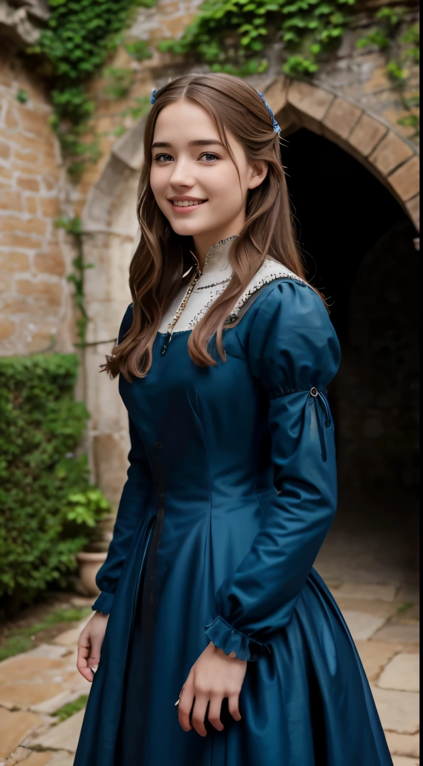 Foto hiperrealista en primer plano de Willa Fitzgerald, Create dystopian masterpieces, medieval clothing, rich dress, medieval dress with long-sleeves, blue dress, garden, cinematic light, beautiful woman, skinny, small breasts, straight brown hair, detailed face, smile smile, photo taken from a distance, age 20 tears old