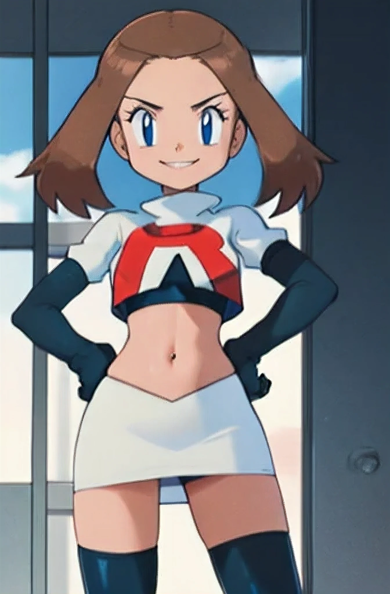 masterpiece, best quality, highres, outdoors, 1girl, solo, may (pokemon), glossy lips ,team rocket uniform, red letter R, white skirt,white crop top,black thigh-high boots, black elbow gloves, evil smile, looking at viewer, cowboy shot, sexy posesteam rocket uniform, red letter r, white skirt,white crop top,black thigh-high boots, black elbow gloves, evil smile, looking at viewer, hands on hips