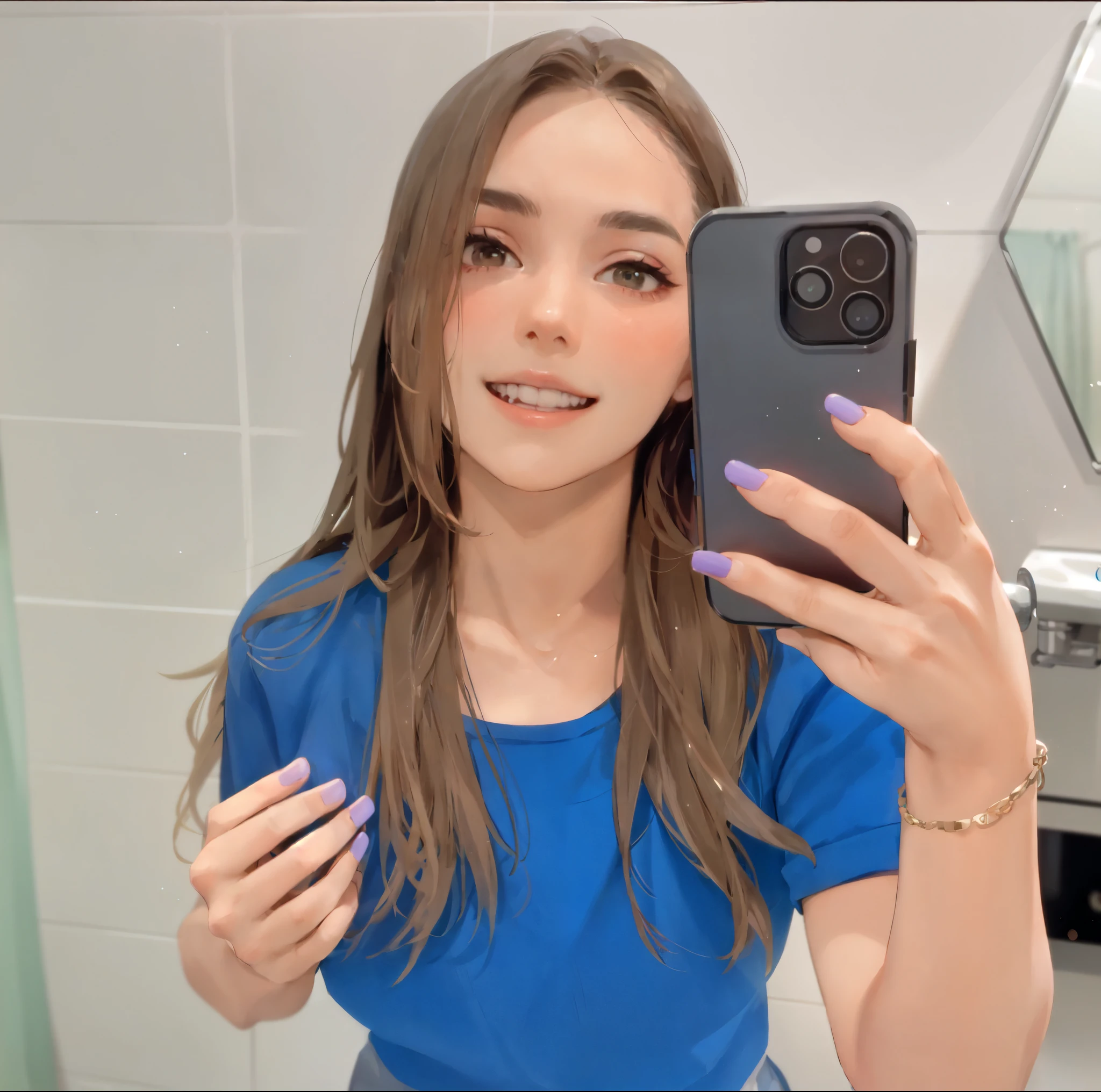 arafed woman taking a selfie in a bathroom mirror, selfie of a young woman, 8k selfie photograph, mirror selfie, wearing a neon blue hoodie, iphone selfie, very very low quality picture, she has perfect white teeths, pokimane, blue outfit, accidentally taking a selfie, 18 years old, wearing a cute top