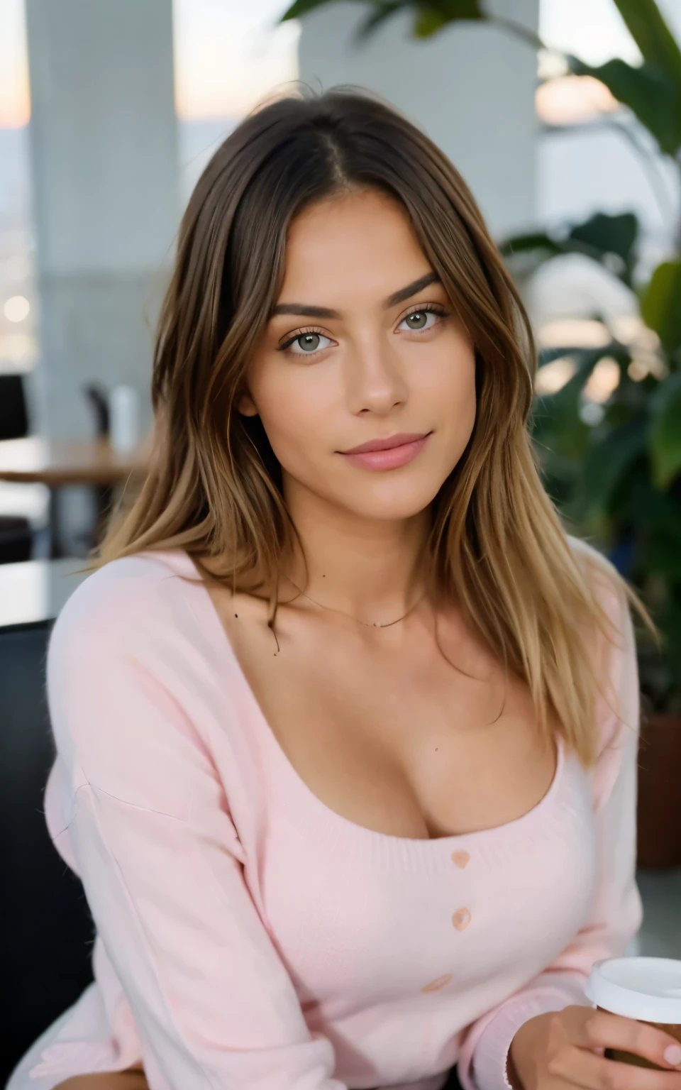 Beautiful blonde in pink sweater (Sipping coffee inside a modern café at sunset), Muy detallado, 21 years, Cara inocente, cabello ondulado natural, ojos muy azules, high resolution, obra maestra, Mejor calidad, detalles intrincados, muy detallado, Sharp focus, piel detallada, Realista skin textura, textura, ojos detallados, profesional, 4k, sonrisa encantandora, disparado en Canon, 85mm, Poca profundidad de campo,  Kodak Vision Color, cuerpo en forma perfecta, extremadamente detallado, Foto_\(Ultra\), photoRealista, Realista, Postprocesamiento, maximum detail, Aspereza, vida real, Ultra Realista, fotorrealismo, Photography, 8k UHD, Photography