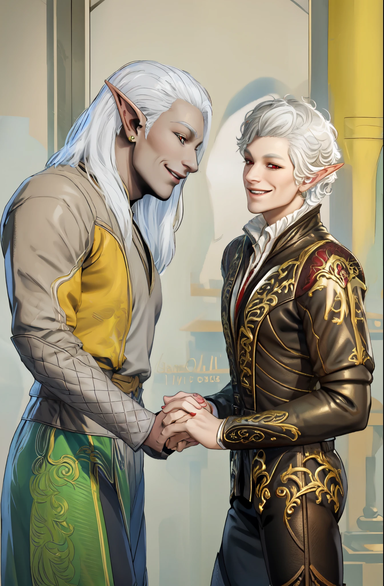 Astarion, wearing white nobles shirt, black leather pants, elf, red eyes, white sclera, white short hair, wavy hair, smiling lovingly, looking at other male, holding hands with male, blend in with image perfectly, simple background