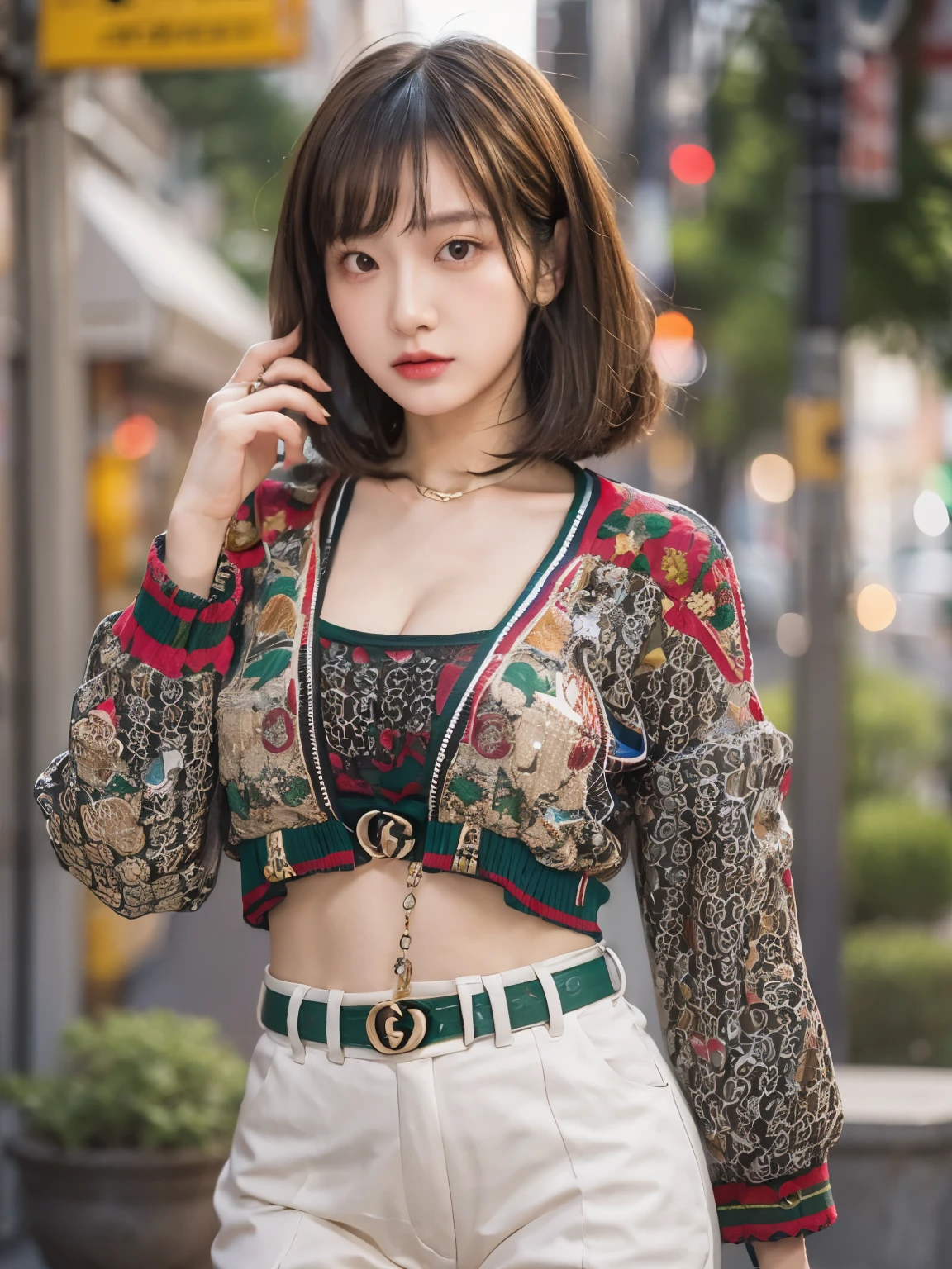 Photo realistic, High resolution, detailed background, detailed beautiful skin, detailed nose, soft lighting, (solo shot:1.23), (upper body:1.1), closed shot, (breast focused:1.3), looking at viewer, (((nice hand, perfect hand))), clear eyes,// japanese lady, pale skin, mega breasts, // (((wearing gucci setup))), street snap, ((facing viewer)), at the street tokyo, ((standing)),