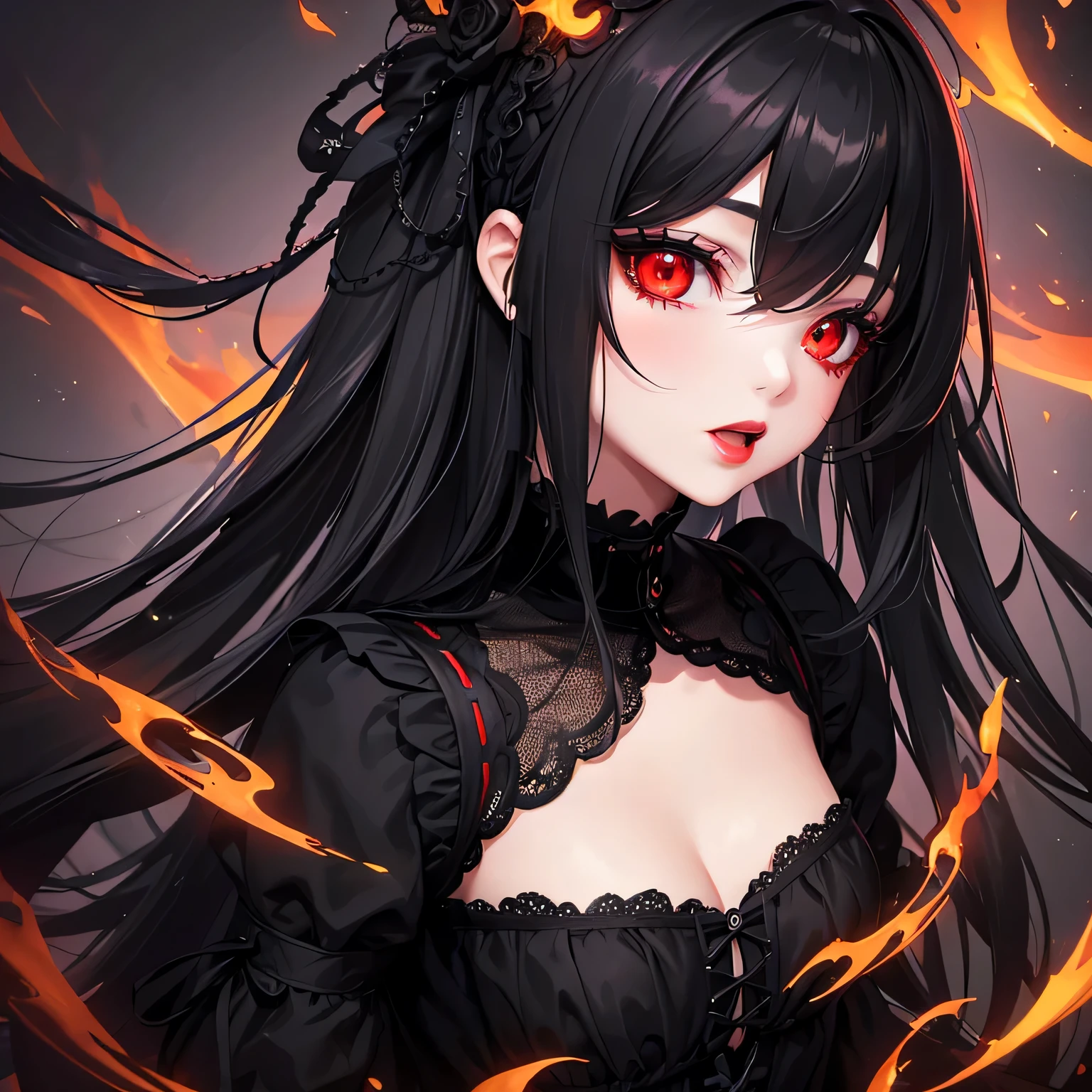 1 girl,Depp's Sense,confused,catch light,Super beautiful illustration,(black color,long hairstyles:1.3),dark dark eyeshadow,bright red lipstick,Gothic Lolita,;d,beautiful and delicate hair,delicate and detailed red eyes,red light effect,Burning flame