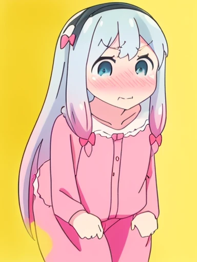 Sagiri Izumi、8K、muste piece、anime、fart、shyness、blush、put pressure on your face、lots of gas、Gas comes out of the butt、blue eyes、pink pajamas、pink shorts