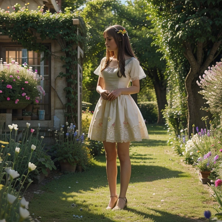 Illustration for a fairy tale about a girl standing in a flower garden, who can talk to birds