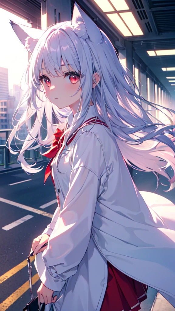 (masterpiece, highest quality, Super detailed, bloom, Warm soft light, modern, high tech, futuristic), From the side, 1 girl, on the road, school uniform, beautiful detailed face,Silver long hair, fox ears, (Red ruby eyes), (short clothes), looking at something else