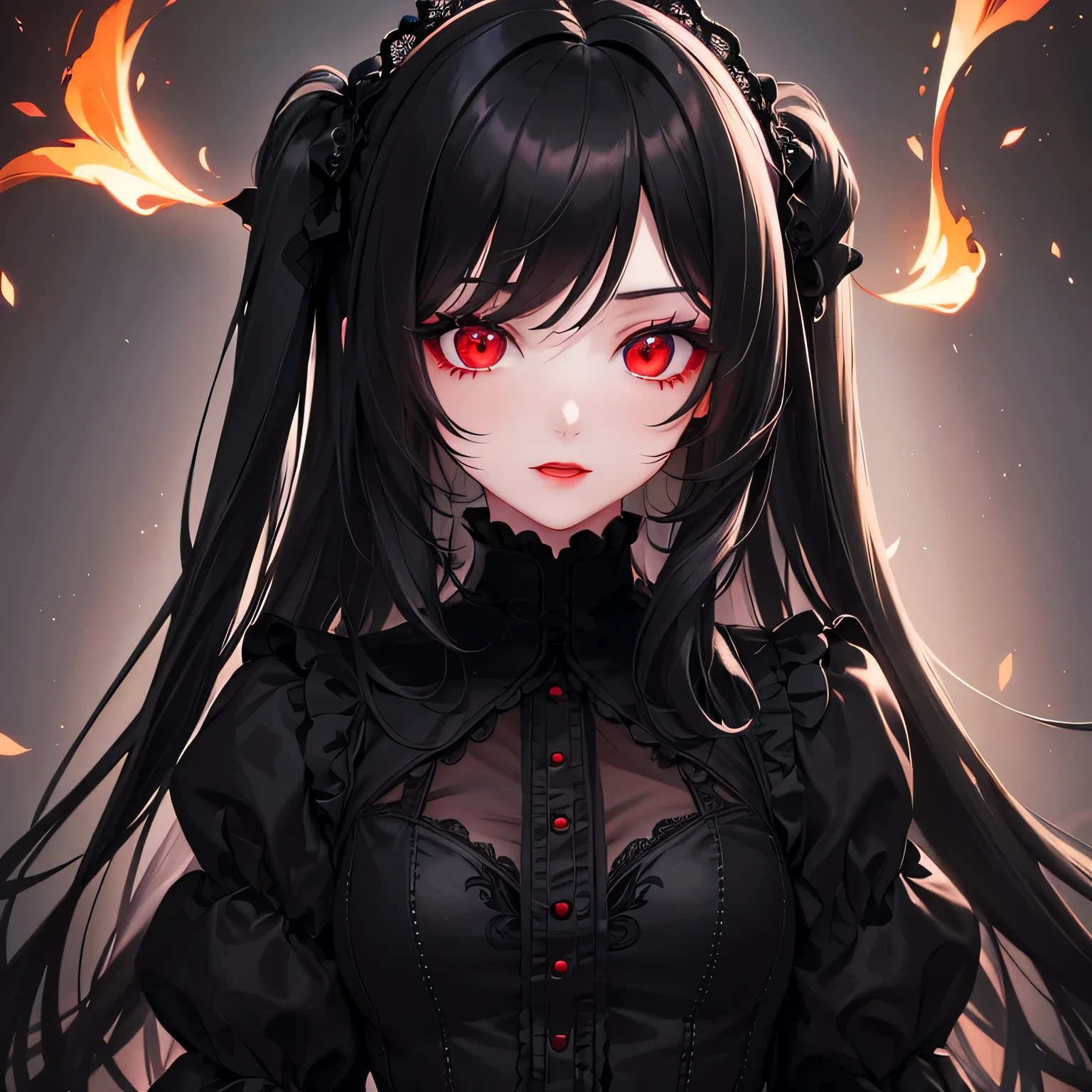 1 girl,Depp's Sense,confused,catch light,Super beautiful illustration,(black color,long hairstyles:1.3),dark dark eyeshadow,bright red lipstick,Gothic Lolita,;d,beautiful and delicate hair,delicate and detailed red eyes,red light effect,Burning flame