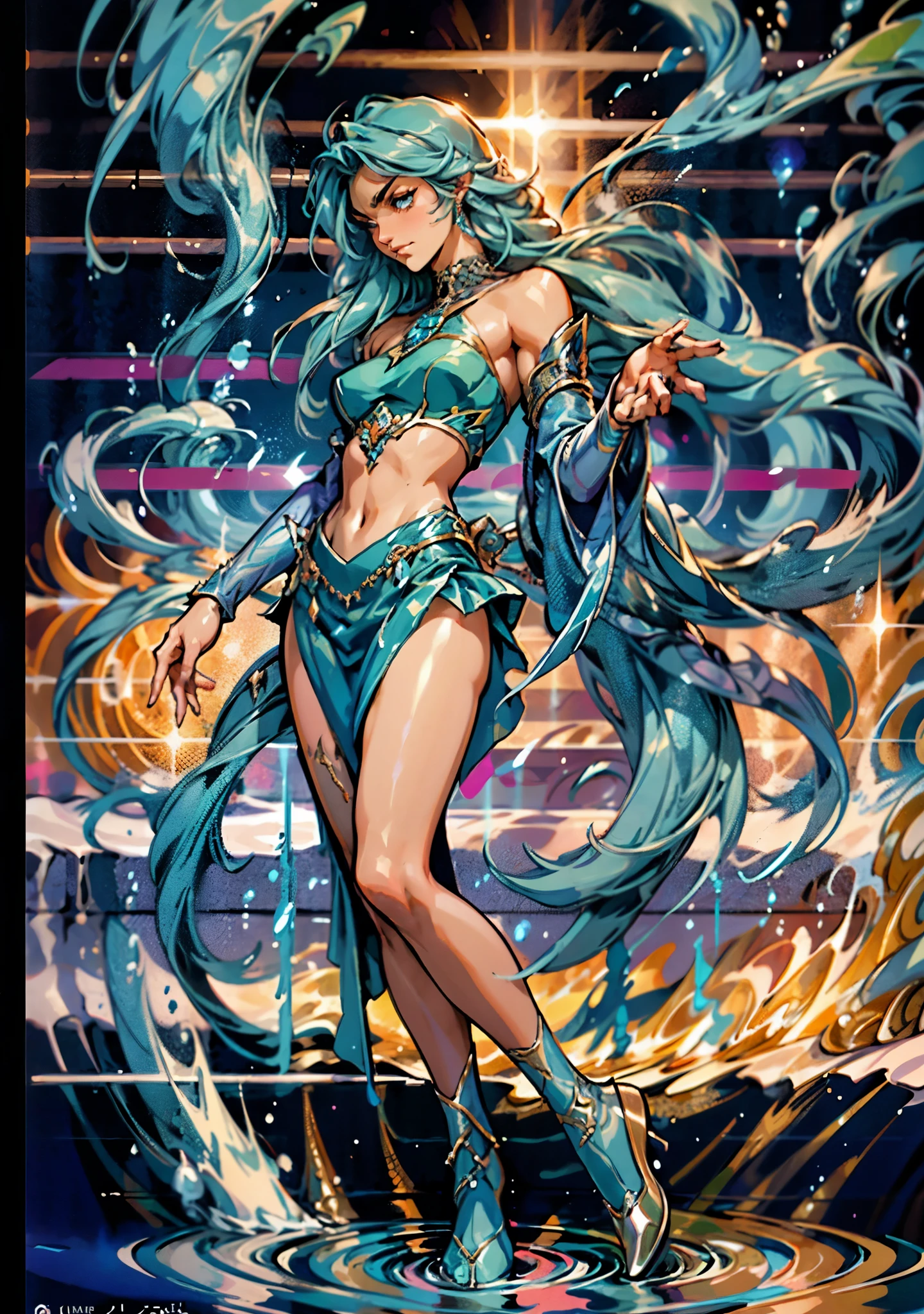 A beautiful woman with cascading waves of aqua-blue long hair, exquisite facial features, a melancholic expression, delicate and bright eyes, skin as smooth and radiant as polished jade, her slender and graceful figure dances like water splashes in the wind, a splendid fantasy-style islander ethnic costume, a short skirt resembling ocean waves, her slender legs leap lightly above the water surface, surrounded by splashing droplets that dance in the air, this character embodies a finely crafted fantasy-style female dancer in anime style, exquisite and mature manga art style, high definition, best quality, highres, ultra-detailed, ultra-fine painting, extremely delicate, professional, anatomically correct, symmetrical face, extremely detailed eyes and face, high quality eyes, creativity, RAW photo, UHD, 8k, Natural light, cinematic lighting, masterpiece-anatomy-perfect, masterpiece:1.5