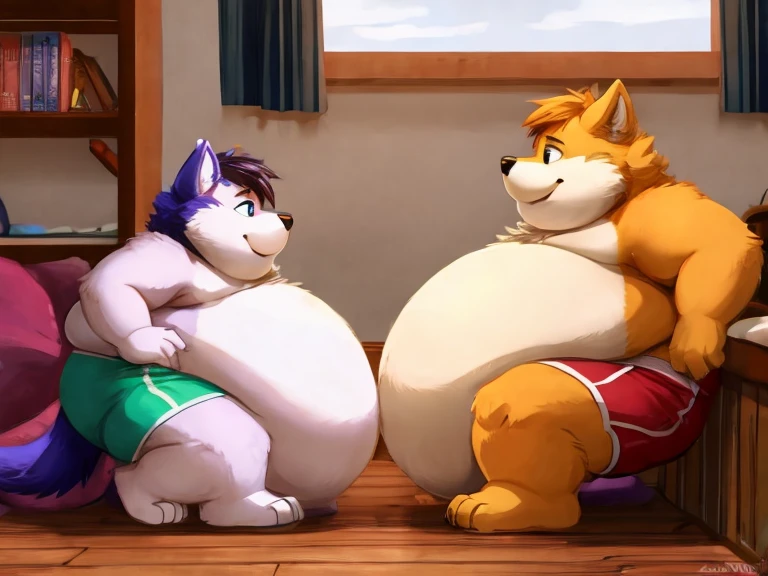 {Side view} a couple of furry young girl and a furry young boy in a house indulging with food {[girl: wolf, anthro, large messy air, huge breast, round belly, huge thighs, wide hips, fat, (morbity obesity:1.4), fat blob, fat arms, massive belly, inmovible fat, fat belly, round belly, stuffed, on the bed]}, {[boy: canine, anthro, short messy air, fat, (morbity obesity:1.4) fat legs, fat belly, fat arms, massive belly, fat, fat belly, round belly, huge paws, stuffed, sitting on the floor, next to the bed]} looking each other, barefoot, shorts, underwear, size difference, same age
