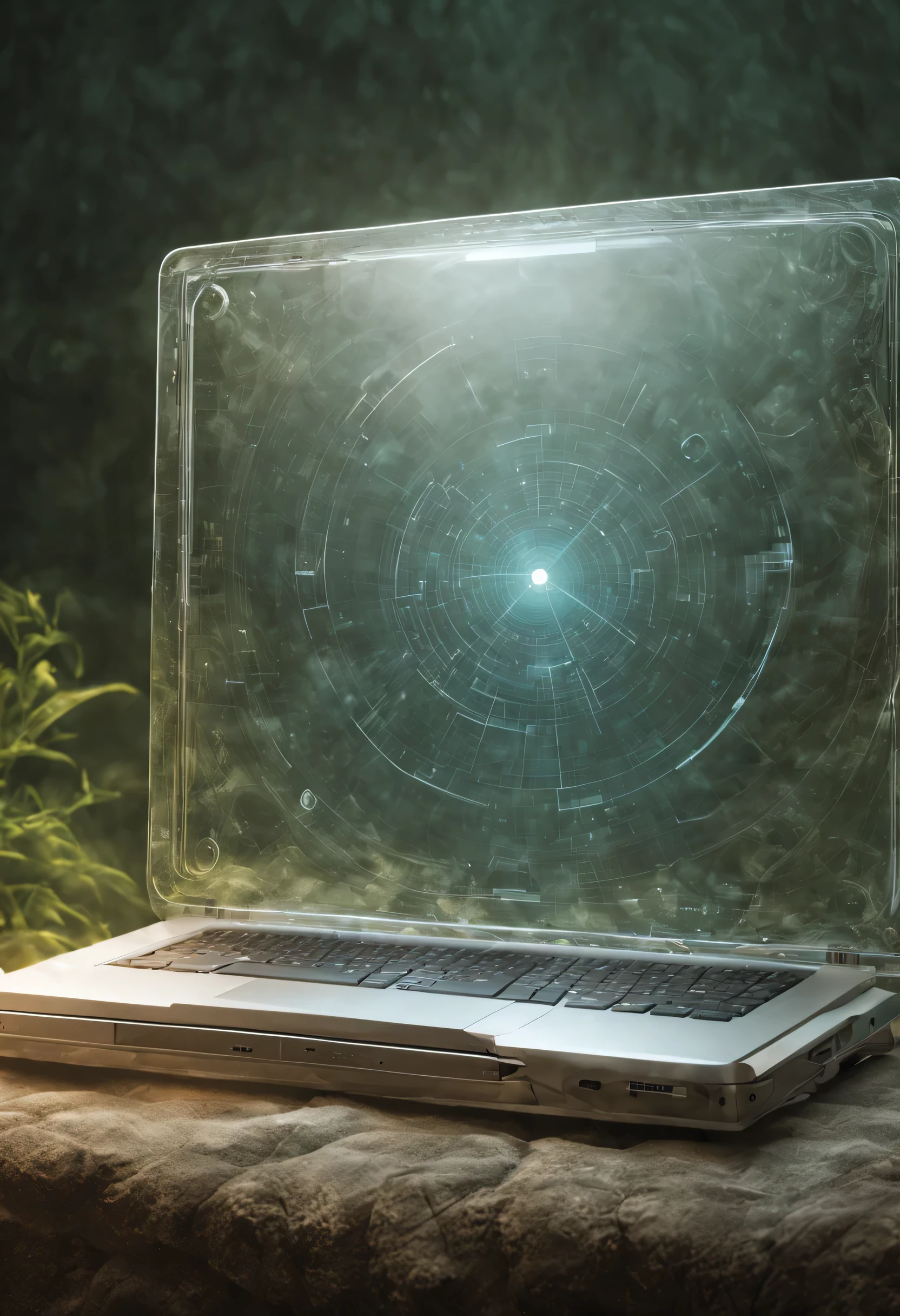 transparent laptop in a futuristic setting