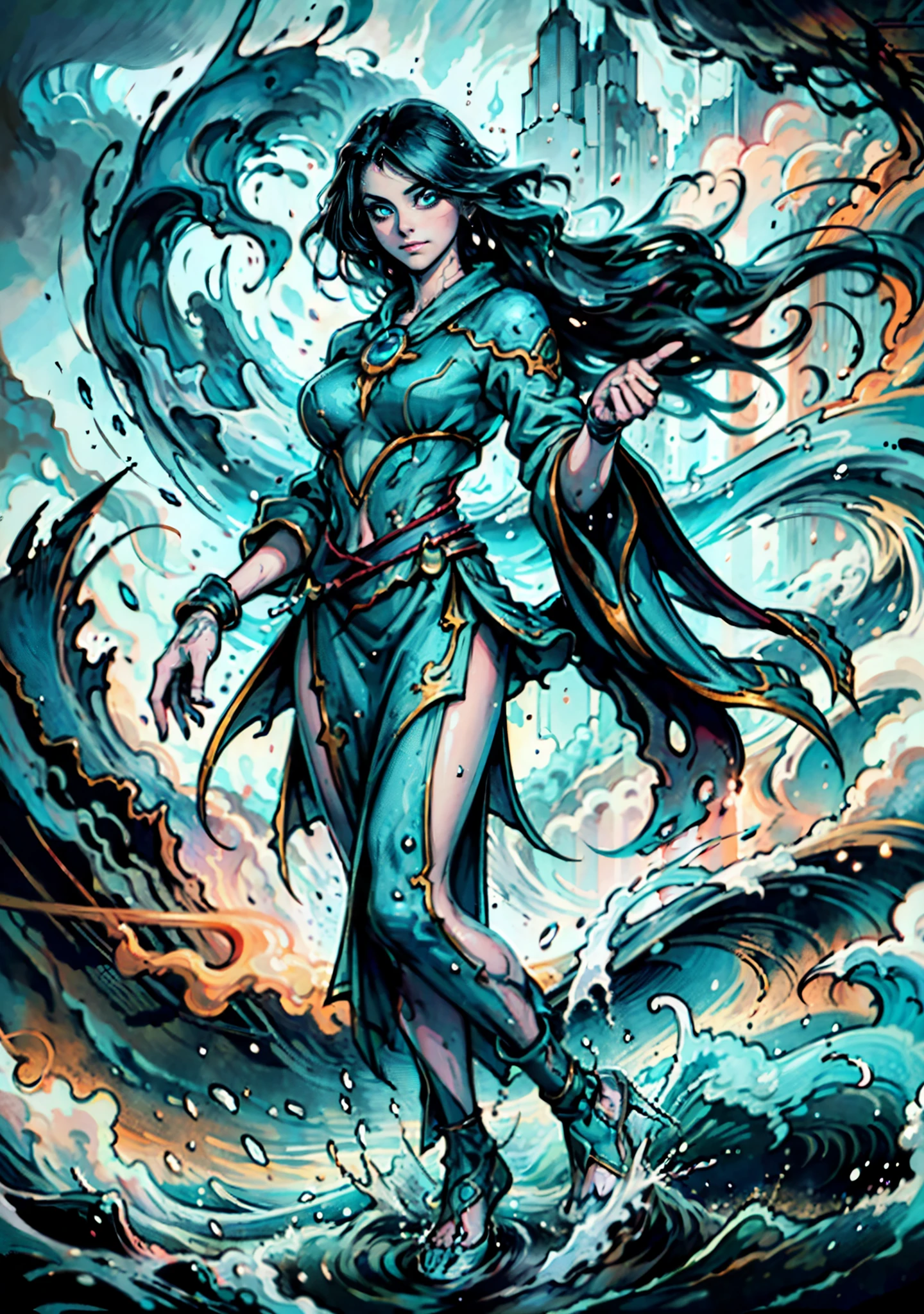 A beautiful woman with cascading waves of aqua-blue long hair, exquisite facial features, a melancholic expression, delicate and bright eyes, skin as smooth and radiant as polished jade, her slender and graceful figure dances like water splashes in the wind, a splendid fantasy-style islander ethnic costume, a short skirt resembling ocean waves, her slender legs leap lightly above the water surface, surrounded by splashing droplets that dance in the air, this character embodies a finely crafted fantasy-style female dancer in anime style, exquisite and mature manga art style, high definition, best quality, highres, ultra-detailed, ultra-fine painting, extremely delicate, professional, anatomically correct, symmetrical face, extremely detailed eyes and face, high quality eyes, creativity, RAW photo, UHD, 8k, Natural light, cinematic lighting, masterpiece-anatomy-perfect, masterpiece:1.5