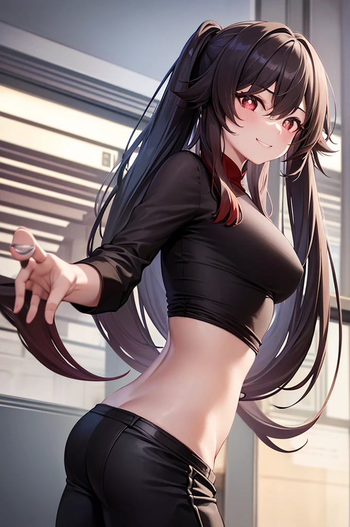 Hu Tao, 1girl, solo, long hair, looking at viewer, smile, breasts, city background, butt, bare shoulders, teeth, tight shirt, short sleeves, closed mouth, black t-shirt,portrait, shorts, skin tight outfit, seductive, realistic, best quality, masterpiece, ultra detail, ultra high res, extreme detail, 8k