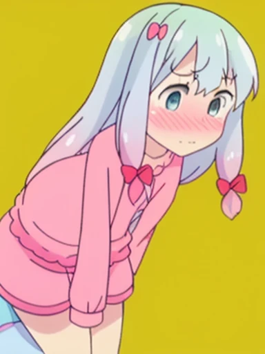 Sagiri Izumi、8K、muste piece、anime、fart、shyness、blush、put pressure on your face、lots of gas、Gas comes out of the butt、blue eyes、pink pajamas、pink shorts
