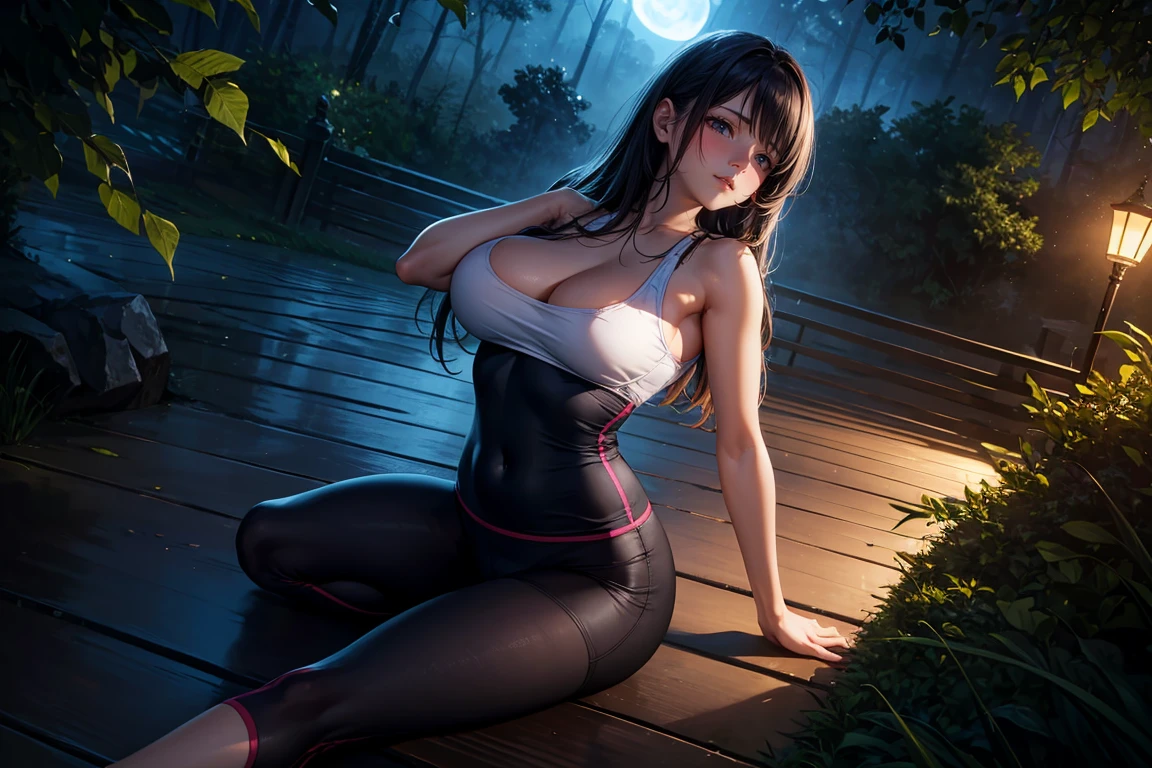 (Fantastic), ((masterpiece)), ((highest quality)), (ultra high resolution,8K),(Ultra high fine mesh,4K), (Highly detailed CG integrated 8k wallpaper), (perfect anatomy,anatomically accurate), (soft lighting, rendering), (Angle from above), (girl doing yoga), Close ~ eyes, (surrounded by nature), Background illuminated by moonlight, beautiful and detailed eyes, flowing long hair, yoga clothes, elegant pose, soft and gentle lighting, (very detailed and beautiful face), professional photography techniques, Bright colors, natural light, (large breasts:1.3), (From the back, Behind)