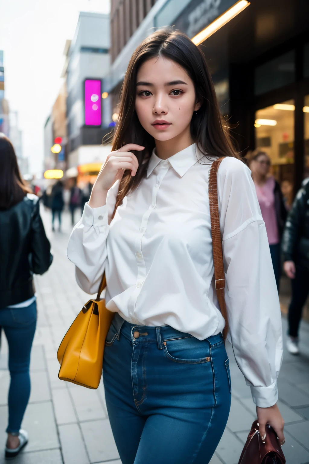 Sad theme , (best quality, masterpiece:1.2), 18yo beautiful girl walking in the city, white shirt and Jeans, , shoot the Sony a7,3.5 mm Lens, f 1.8 apature, lighting glow effect,no retouching,raw photo realistic, skin texture is very detail ,no makeup, background lighting is yellow, raining day,