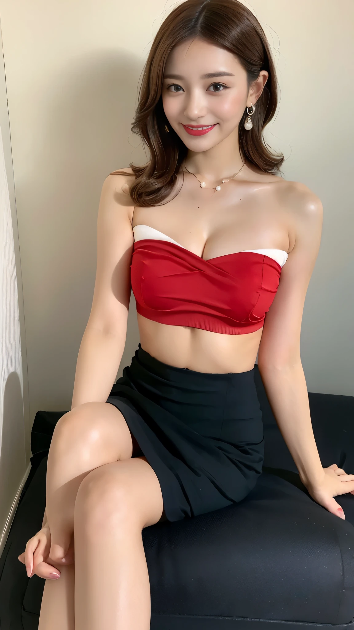 NSFW, (in 8K, best-quality, masterpiece: 1.3), (intricate detailes:1.4), (Raw photo, Photorealsitic: 1.4), octane renderings, Complex 3D rendering ultra detail, Studio Soft Light, Rim Lights, vibrant detail, super detailing, realistic skin textures, Detail Face, Beautiful detail eyes, Very detailed CG Unity 16k wallpaper, make - up, (Detailed background: 1.2), Realistic skin feeling, Shinny skin, Blur background, Bokeh, Super model, Perfect body, (Full body: 1.5), (Wide angle, Long shot: 1.5), Extreme wide shot, (femele: 1.4), 1girl in, goddes, 25 years old, costume photography, The whole picture, Nikon SLR camera, Focus aperture F.2, focal length 85mm, (Medium breasts), ((Red bandeau top: 1.3)), (Drape skirt), No bra, Black bra and garter stockings, (Sitting on the chair), (Crossed legs: 1.4), (Crossed arms: 1.4), 30 years old woman in business casual dress posing for photos, In studio, Elegant dress, black curly hair, Double eyelids, Black eyes, fine eye details, long eyelashes, fine eyelash details, Snow-white skin, Fine skin texture, Pozi style clothing, formalwear, Business Wear, Tight red mini skirt, business skirt, business skirt, delicate skirt, luxurious skirt, thin waist, the detailed images, Elegant intellectual charm beautiful, Charming, elegant high quality, Cheerful, romantic, Natural smile, Looking at the camera, Beautiful woman standing woman in overall white high suit seats with beautiful pink hair smiling young woman sitting in white sitting chair with plane balcony