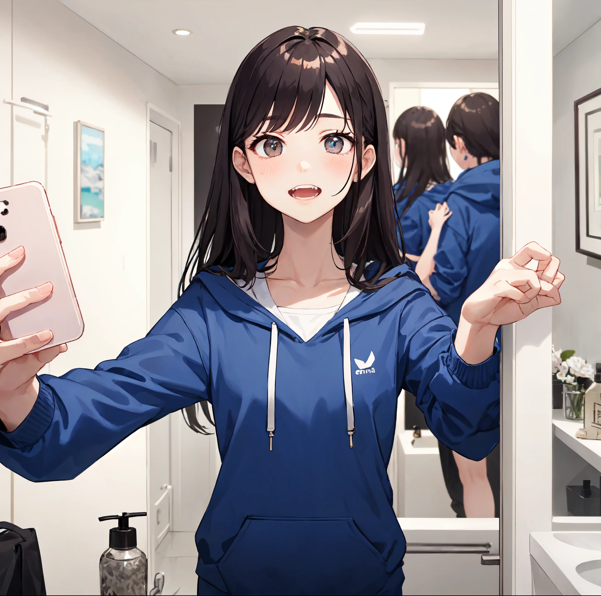 arafed woman taking a selfie in a bathroom mirror, selfie of a young woman, 8k selfie photograph, mirror selfie, wearing a neon blue hoodie, iphone selfie, very very low quality picture, she has perfect white teeths, pokimane, blue outfit, accidentally taking a selfie, 18 years old, wearing a cute top