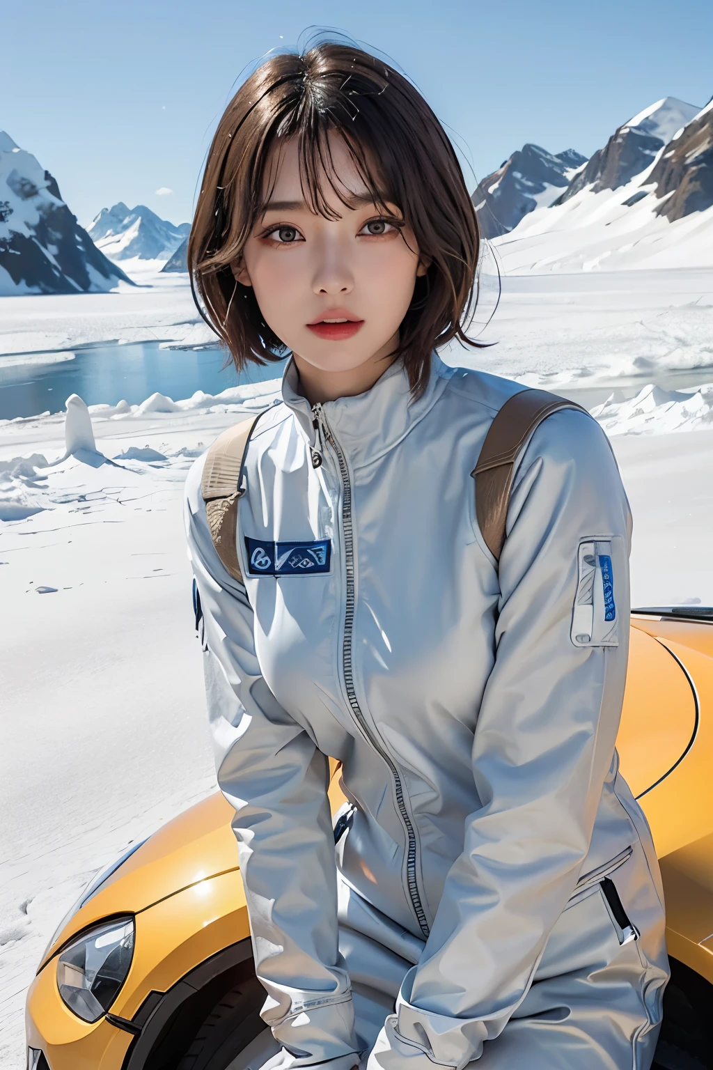 highest quality、masterpiece、ultra high resolution、(real:1.4)、Beautiful woman１、Beautiful details of eyes and skin、light brown short cut hair、The perfect spacesuit、glacier、snow、