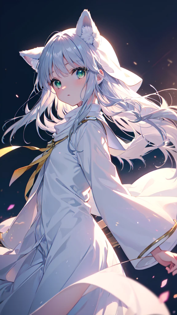 (masterpiece, highest quality, Super detailed, bloom, Warm soft light,index,index　A Certain Magical Index, modern, high tech, futuristic), From the side, 1 girl, on the road, school uniform, beautiful detailed face,long silver hair, fox ears, (green ruby eyes), (short clothes), look at something else