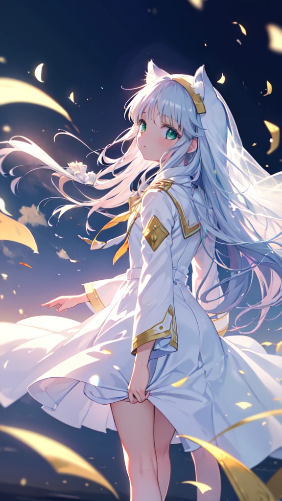 (masterpiece, highest quality, Super detailed, bloom, Warm soft light,index,index　A Certain Magical Index, modern, high tech, futuristic), From the side, 1 girl, on the road, school uniform, beautiful detailed face,long silver hair, fox ears, (green ruby eyes), (short clothes), look at something else