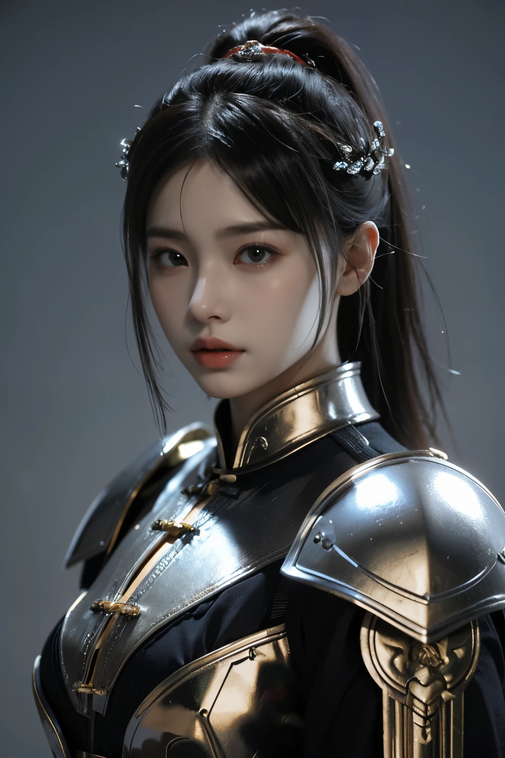 Game art，The best picture quality，Highest resolution，8K，(A bust photograph)，(Portrait)，(Head close-up)，(Rule of thirds)，Unreal Engine 5 rendering works， (The Girl of the Future)，(Female Warrior)， 
20岁少女，(The generals of ancient China)，An eye rich in detail，(Big breasts)，优雅高贵，冷漠，勇敢的，
(Wearing ancient Chinese style armor，Armor of the Tang Dynasty，Costumes are rich in detail，Metallic luster，Silver gray)，中国人物，奇幻风格，
拍照姿势，野外背景，Movie lights，Ray tracing，Game CG，((3D Unreal Engine))，oc渲染反射纹