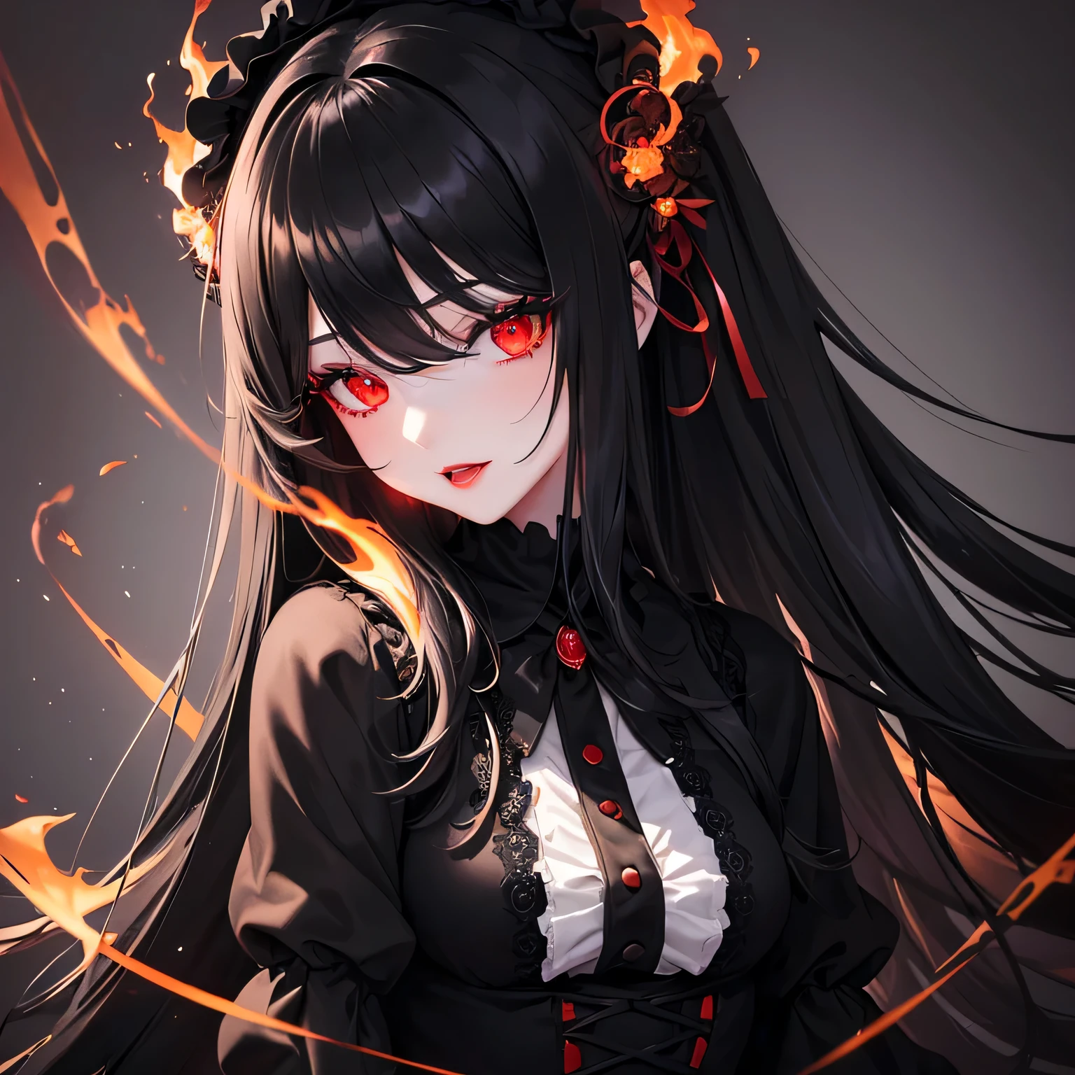 1 girl,Depp's Sense,confused,catch light,Super beautiful illustration,(black color,long hairstyles:1.3),dark dark eyeshadow,bright red lipstick,Gothic Lolita,;d,beautiful and delicate hair,delicate and detailed red eyes,red light effect,Burning flame