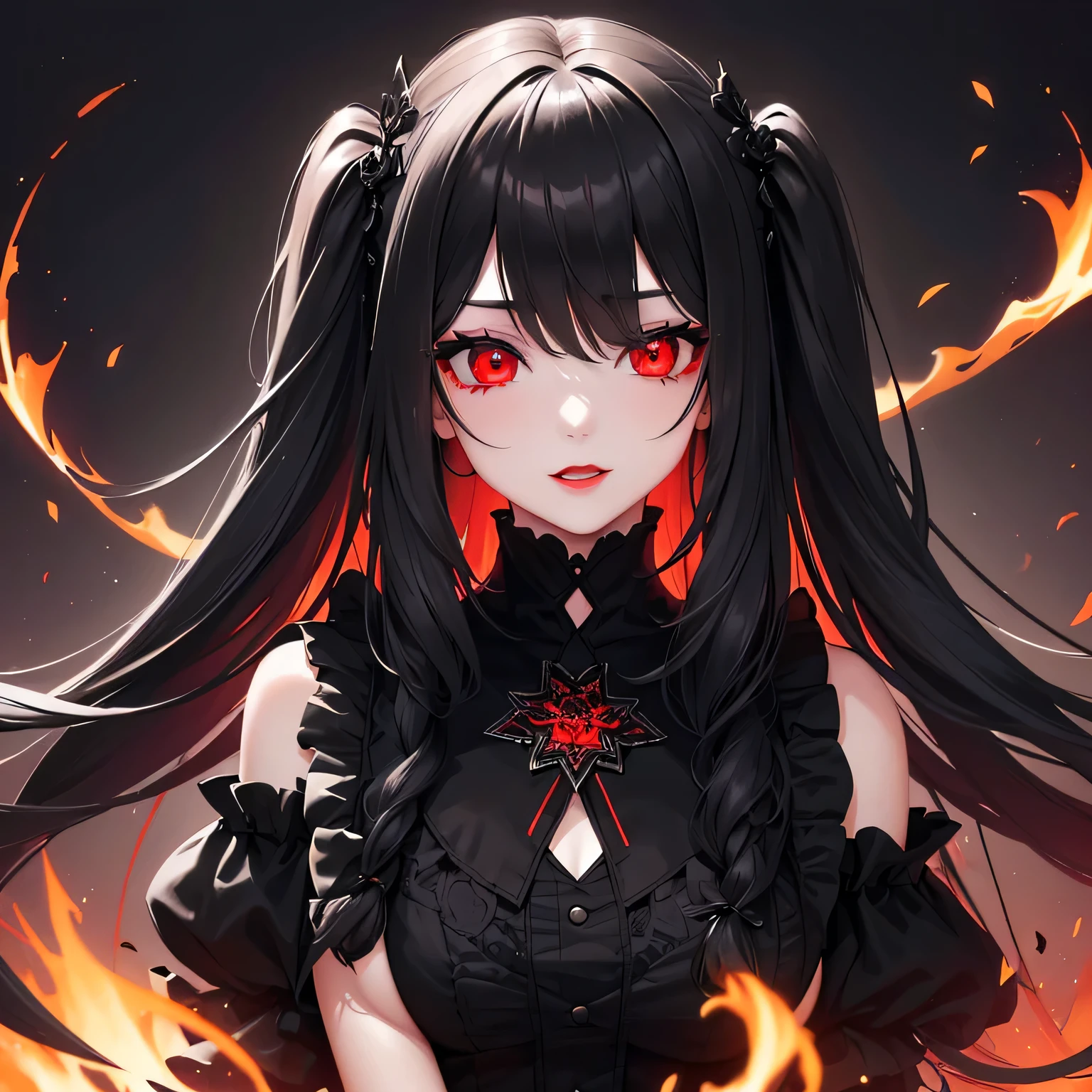 1 girl,Depp's Sense,confused,catch light,Super beautiful illustration,(black color,long hairstyles:1.3),dark dark eyeshadow,bright red lipstick,Gothic ta,;d,beautiful and delicate hair,delicate and detailed red eyes,red light effect,Burning flame