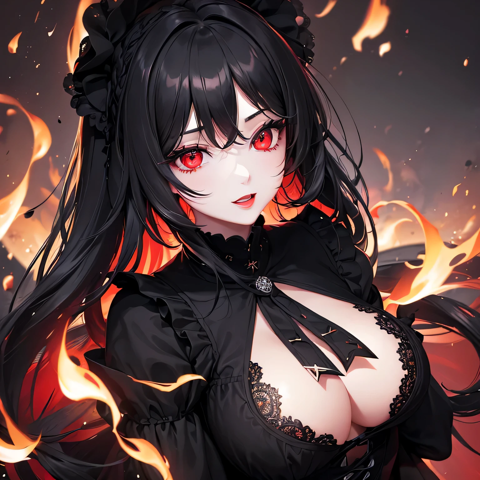 1 girl,Depp's Sense,confused,catch light,Super beautiful illustration,(black color,long hairstyles:1.3),dark dark eyeshadow,bright red lipstick,Gothic ta,;d,beautiful and delicate hair,delicate and detailed red eyes,red light effect,Burning flame