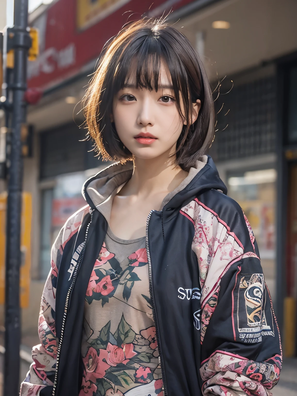 Japanese lady,cleavage, pale skin, mega breasts, 20 year old, bob cut, (((wearing stussy))) , //exasperated:1.8, high quality:1.3, Professional lighting:2.0 realistic:1.2, 4k resolution, detailed skin, masterpiece:1.1, //street snap, ((facing viewer)), at the street, ((standing)),