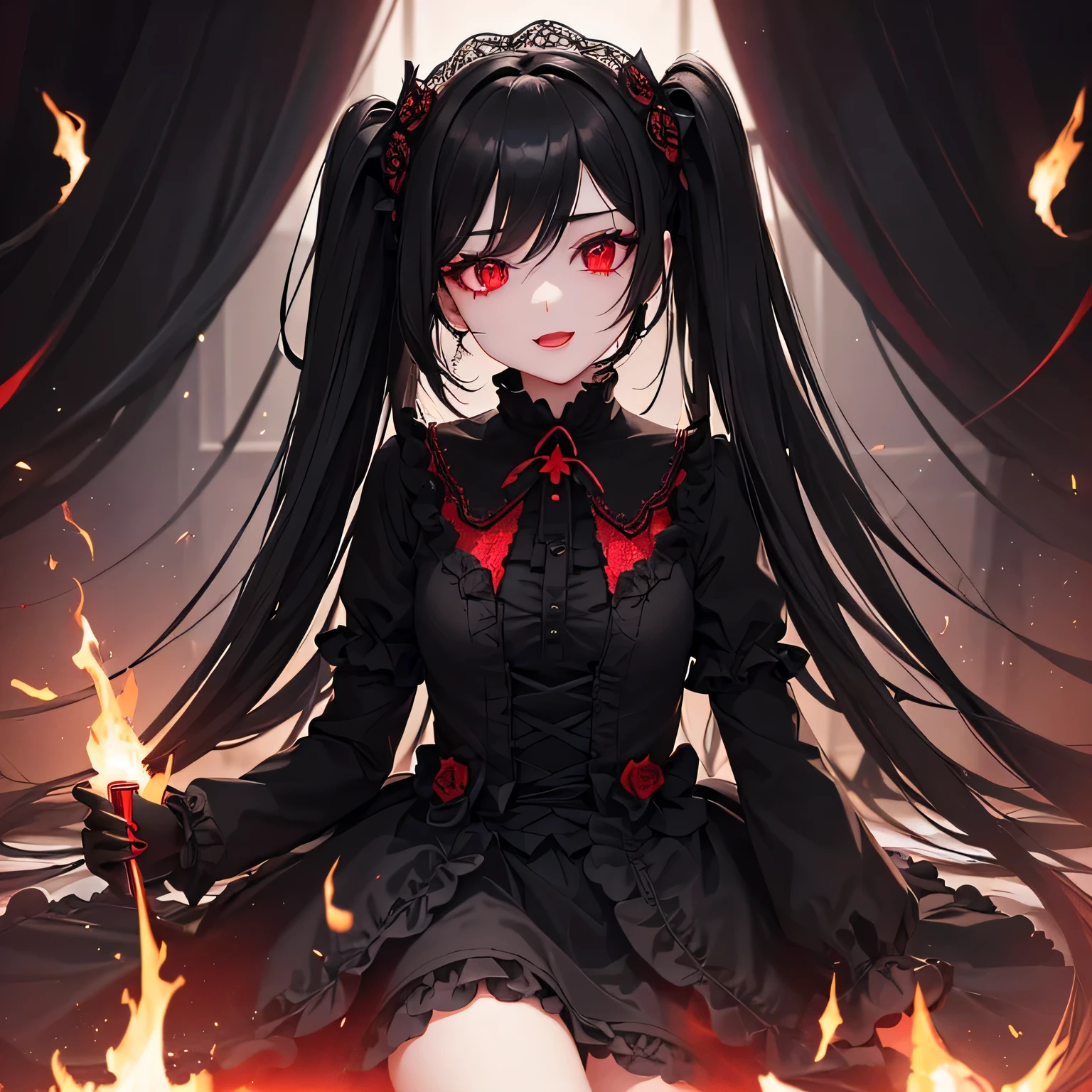 1 girl,Depp's Sense,confused,catch light,Super beautiful illustration,(black color,long hairstyles:1.3),dark dark eyeshadow,bright red lipstick,Gothic Lolita,;d,beautiful and delicate hair,delicate and detailed red eyes,red light effect,Burning flame
