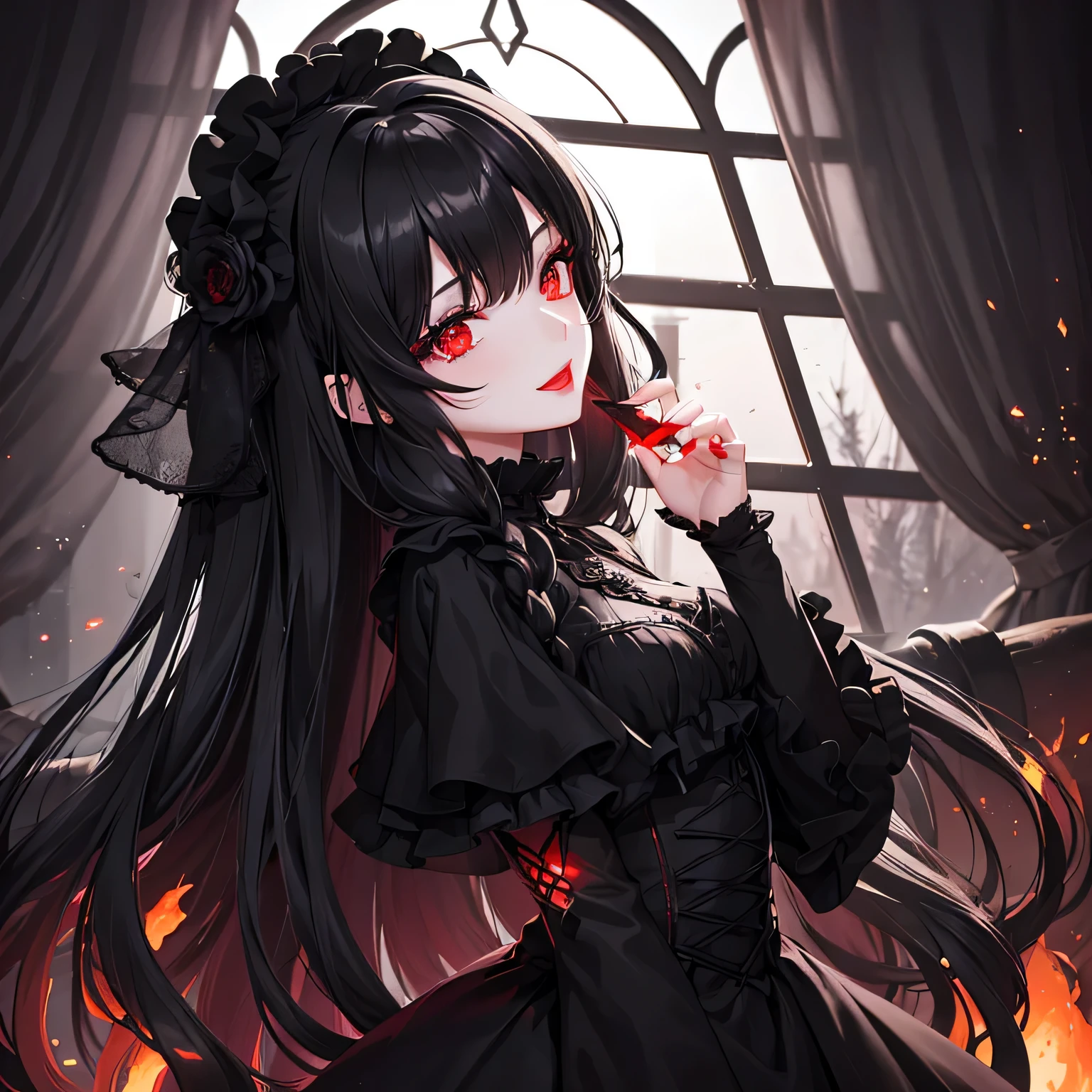 1 girl,Depp's Sense,confused,catch light,Super beautiful illustration,(black color,long hairstyles:1.3),dark dark eyeshadow,bright red lipstick,Gothic Lolita,;d,beautiful and delicate hair,delicate and detailed red eyes,red light effect,Burning flame