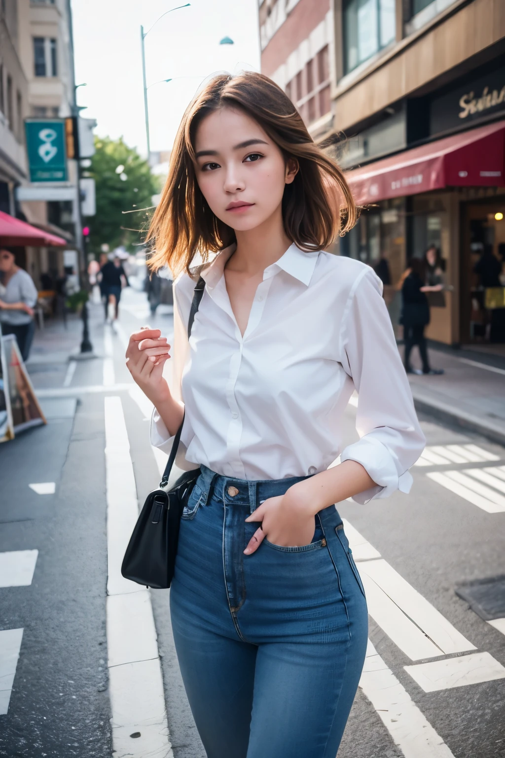 Sad theme , (best quality, masterpiece:1.2), 18yo beautiful girl walking in the city, white shirt and Jeans, , shoot the Sony a7,3.5 mm Lens, f 1.8 apature, lighting glow effect,no retouching,raw photo realistic, skin texture is very detail ,no makeup, background lighting is yellow, raining day,