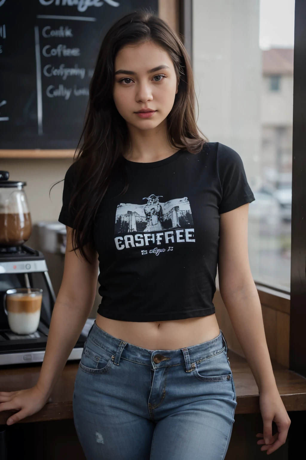 1 girl, long hair, Regular black t-shirt, Jeans, (Isolated on the coffee shop background:1.2), dynamic gesture, (soft light:1.2), Shot with Canon EOS 5D, best quality, Ultra high resolution, (realistic:1.4), Masterpiece, White skin in real life, Hyper Real, attitude, beautiful eyes, Beautiful fingers, and detailed Thai faces,
