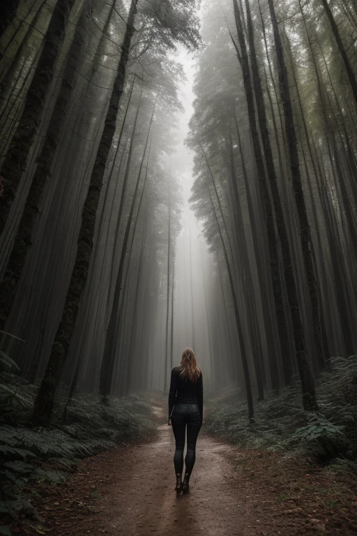 uma foto de uma mulher sedutora com cabelo ruivo solto, entediado, (she is standing in a forest:1.2), ((fotorrealista):1.1), (Cru, 8k:1.3), escuro, cores suaves, slate atmosphere,