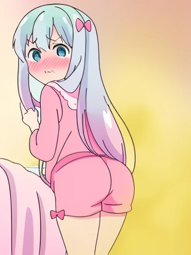 Sagiri Izumi、8K、muste piece、anime、fart、shyness、blush、put pressure on your face、lots of gas、Gas comes out of the butt、blue eyes、pink pajamas、pink shorts、girl's room