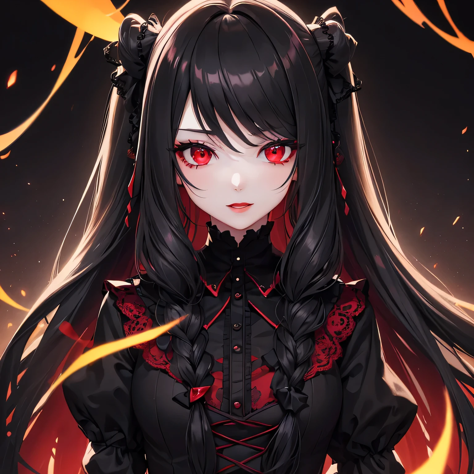1 girl,Depp's Sense,confused,catch light,Super beautiful illustration,(black color,long hairstyles:1.3),dark dark eyeshadow,bright red lipstick,Gothic Lolita,;d,beautiful and delicate hair,delicate and detailed red eyes,red light effect,Burning flame