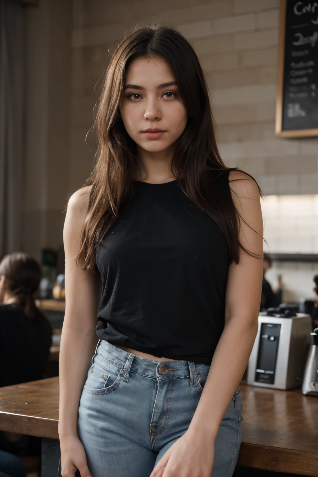 1 girl, long hair, Regular black t-shirt, Jeans, (Isolated on the coffee shop background:1.2), dynamic gesture, (soft light:1.2), Shot with Canon EOS 5D, best quality, Ultra high resolution, (realistic:1.4), Masterpiece, White skin in real life, Hyper Real, attitude, beautiful eyes, Beautiful fingers, and detailed Thai faces,