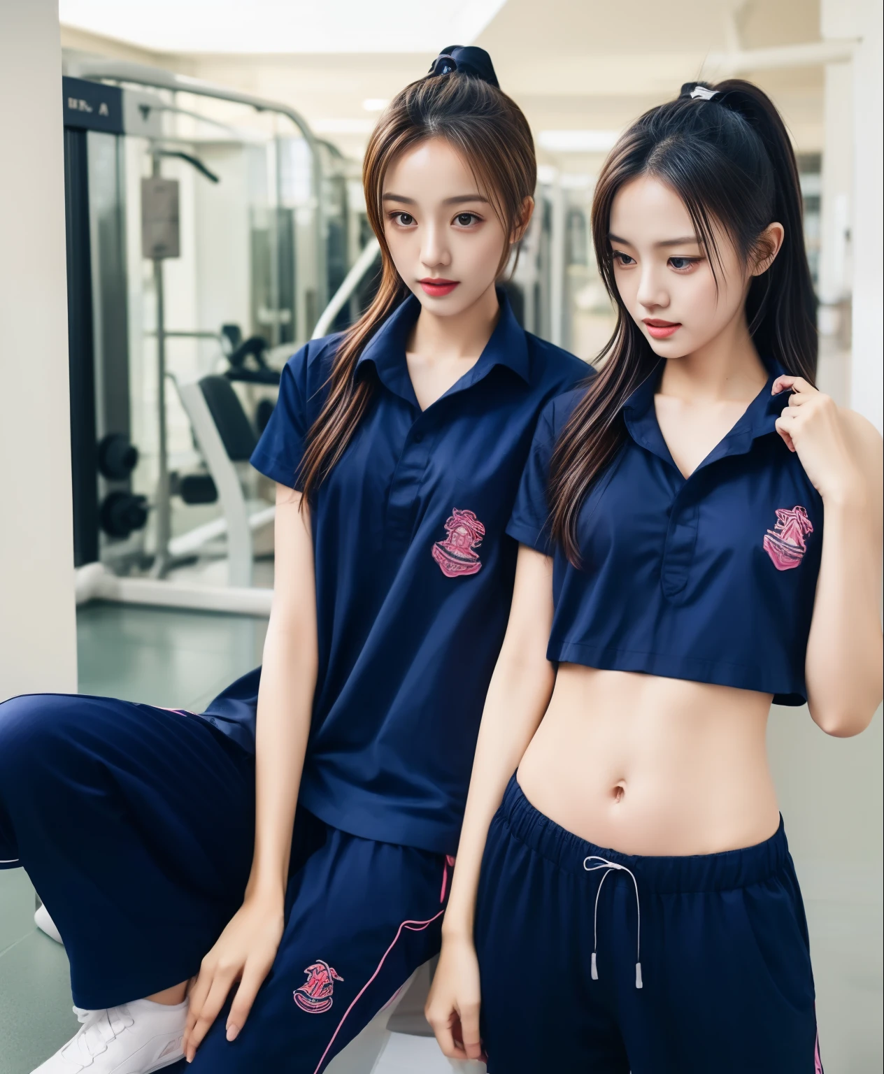 2 girls in fitness center, Navy blue short-sleeved shirt,Navy Long Trackpant,Sweatpants, Sweatpantsขายาว,25 year old girl, , sexy, ecise clothes, wet body