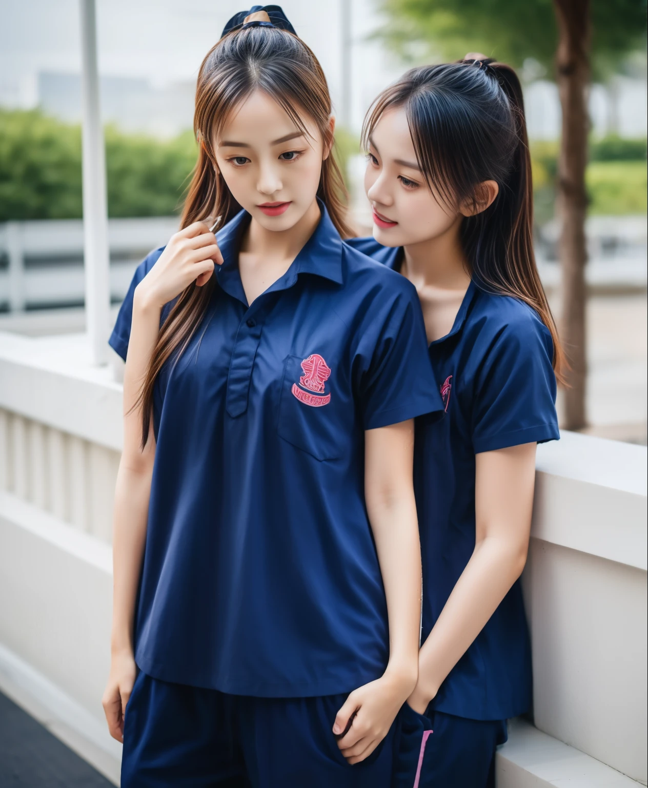 2 girls in fitness center, Navy blue short-sleeved shirt,Navy Long Trackpant,Sweatpants, Sweatpantsขายาว,25 year old girl, lesbian, sexy, exercise clothes, wet body