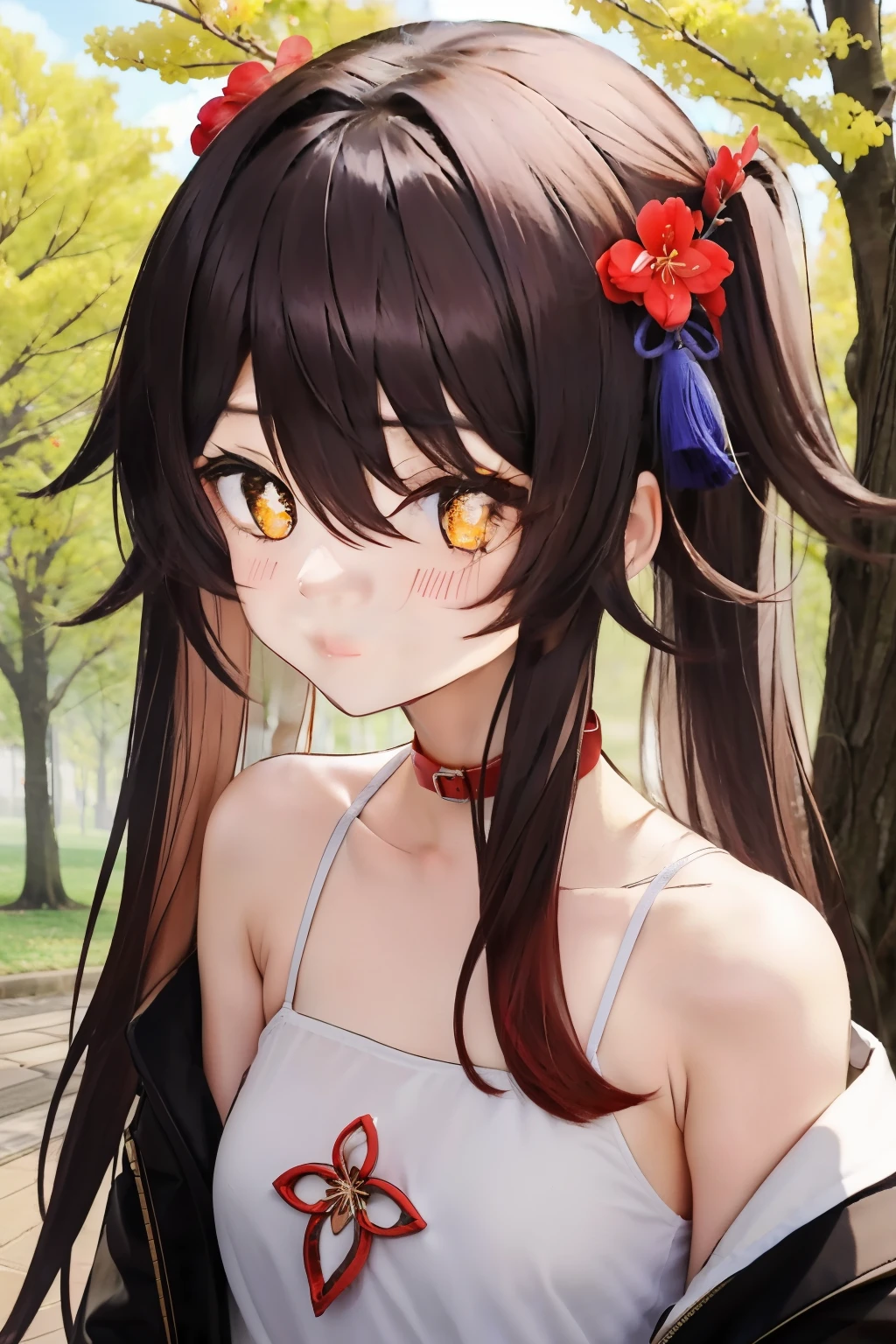 HuTaoV4,1girl,solo,long hair, off shoulder, collar bone, look at viewer, perfect fingers, armpit peek, Beautiful flowers bloom, (sparkles), (There is a blooming sakura),standing under a tree, (head looking up), Look at the tree, Natural soft light, macaron, Still ethereal, Crisp and smooth lines, radiant morning light, soft luminescent glow, hodie, jacket