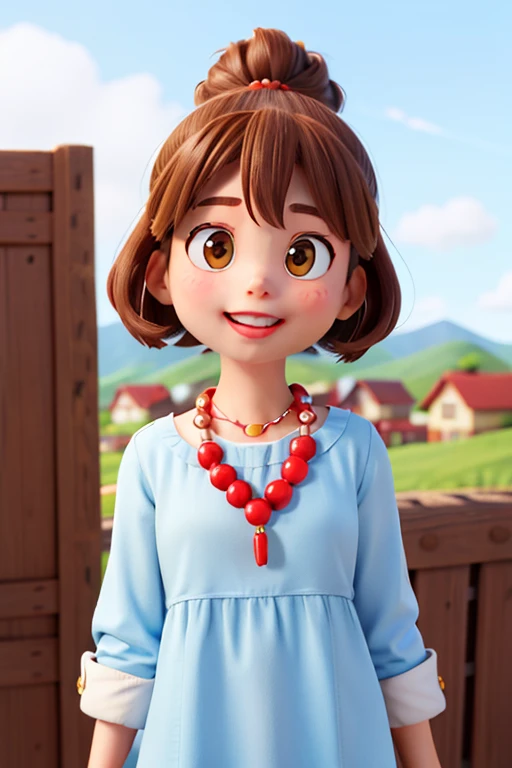 brown haired woman,Hair is bunched up、The background is a ranch, cute clothes , Good weather , red lipstick, Cheerful characters in Disney Pixar style、Front-facing、Upper body、necklace、

