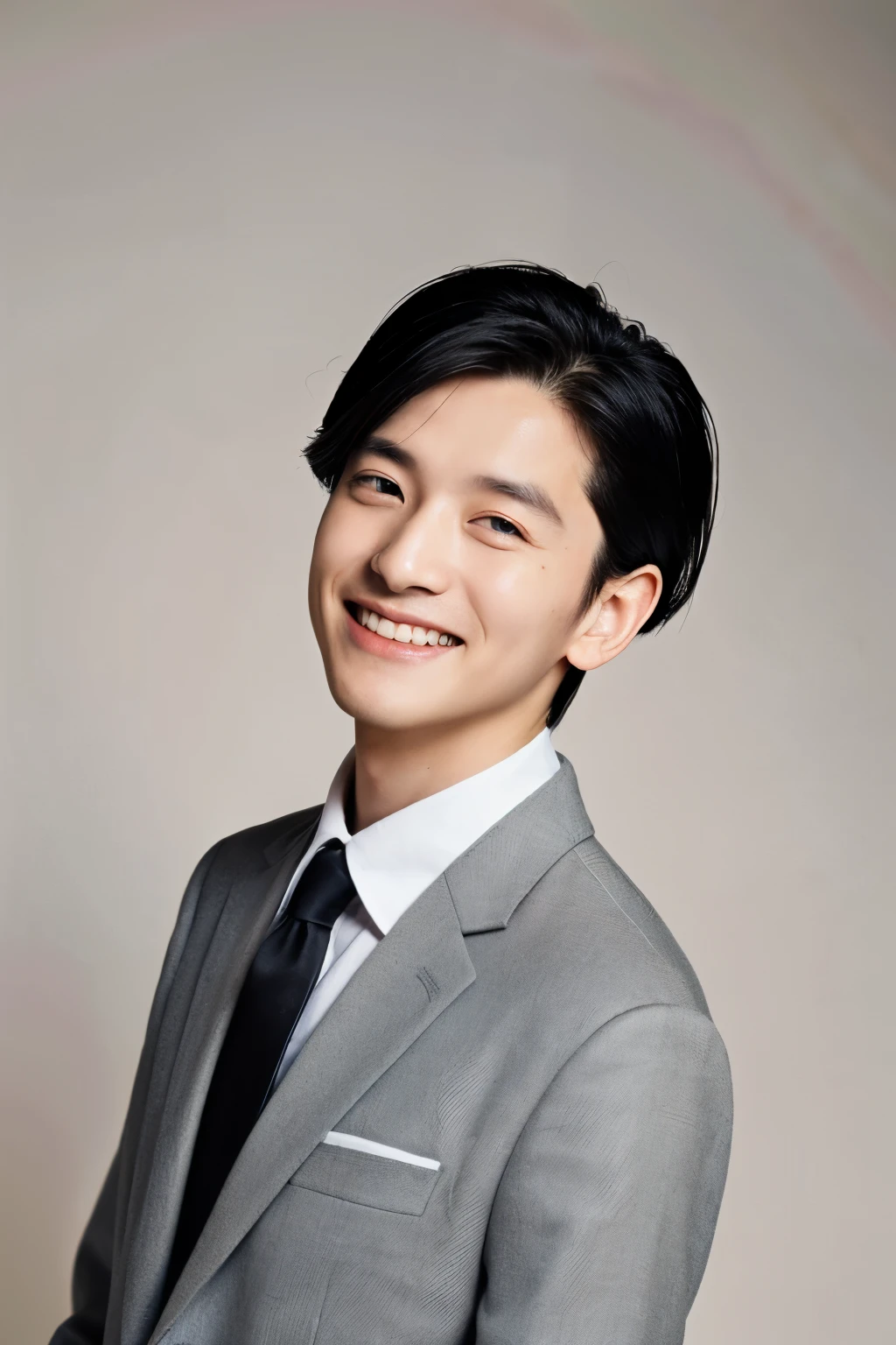 ((highest quality)), ((masterpiece)),(male),（Englishman） (No eyebrows),(black hair),(all back),(suit),(smile) perfect face