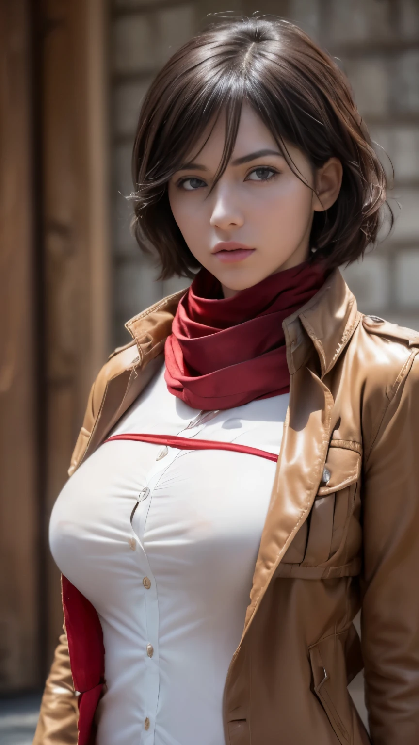 Mikasa, Attack on Titan, AOT character, Mikasa character, ((Mikasa cosplay)), ((A very cute caucasian girl cosplaying Mikasa, posing model style), ((blur background)), 1 girl, wide range photoshoot, wide range, (milf), beautiful face, clear face, ((hot body)), ((dark brown jacket and white shirt)), (((wearing red scarf))), short brown skirt, ((AOT)), ((military dress style)), ((cosplay dress)), ((((Huge breasts: 0.9)))), ((no breasts)), coverd, (((Realistic))), ((well dressed)), waist curve pose, front side, (8k, RAW photo, top quality, masterpiece), (Realistic, photorealistic: 1.9), ((Full body shot)), stylish pose, ((Highly detailed skin: 1.2)), ((Realistic: 1.9)), Photos, masterpieces, top quality, (beautiful blue eyes, gorgeous pale grey black curly hair, white skin, thick body, lower abdomen bristles, perfect slim figure), various poses, model pose, ultra-detailed face, detailed eyes, a lot of people are looking at her with excitement, (((close-up))), sun light, cinematic, ((photoshoot)), photography