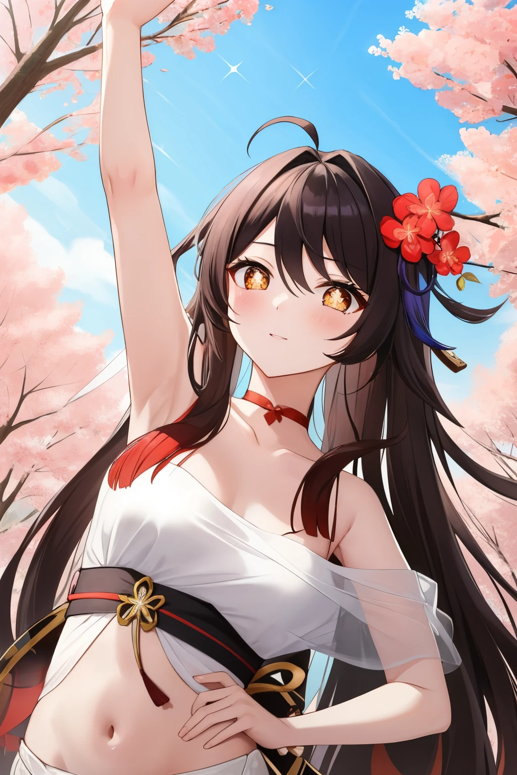 HuTaoV4,1girl,solo,long hair, off shoulder, collar bone, look at viewer, perfect fingers, armpit peek, Beautiful flowers bloom, (sparkles), (There is a blooming sakura)，standing under a tree, (head looking up), Look at the tree, Natural soft light, macaron, Still ethereal, Crisp and smooth lines, radiant morning light, soft luminescent glow, idol, idol costume, kimono, navel