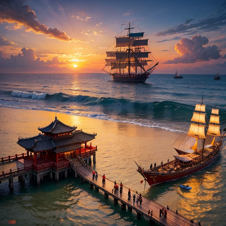 Chinese style painting Evening sea, huge sunset and Chinese junk